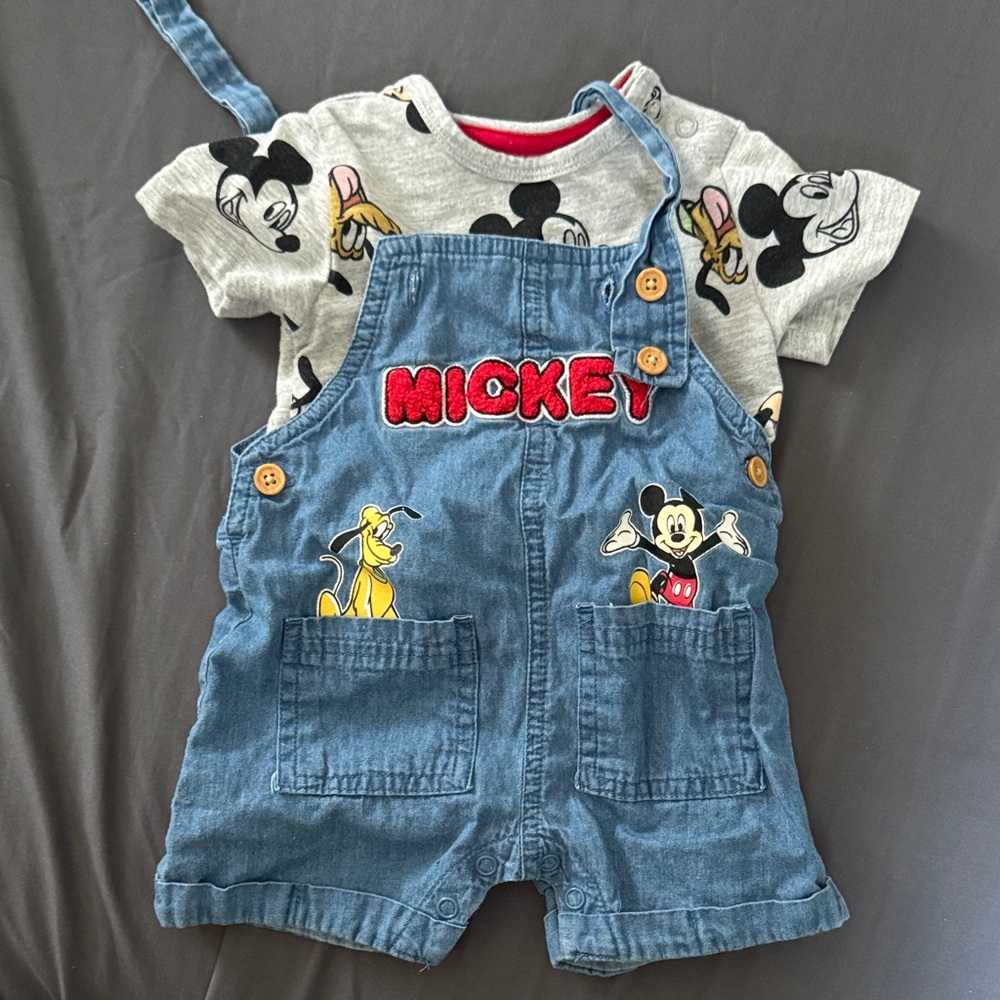 Disney Blue Denim Overalls with Mickey and Pluto